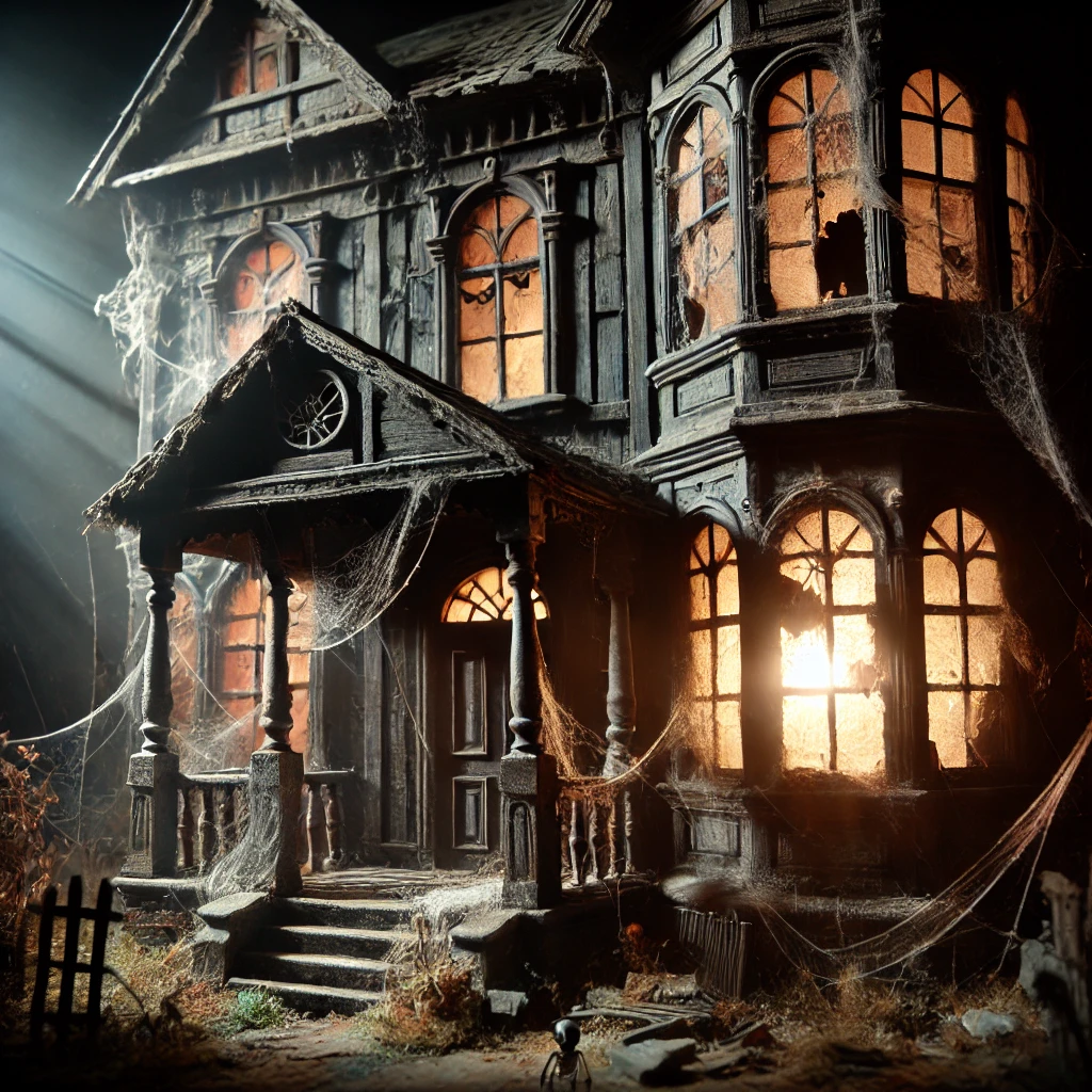 Halloween AI Image of an abandoned haunted house with broken windows, cobwebs in the corners, and eerie, dim lights
