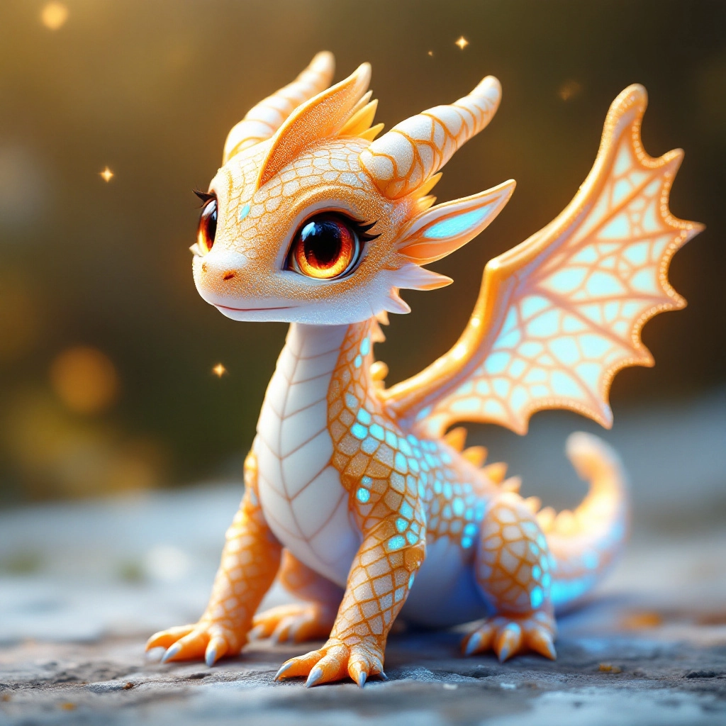 AI-generated image of a baby dragon Fakemon with golden scales, glowing blue wing patterns, rounded glowing horns, and big red curious eyes.