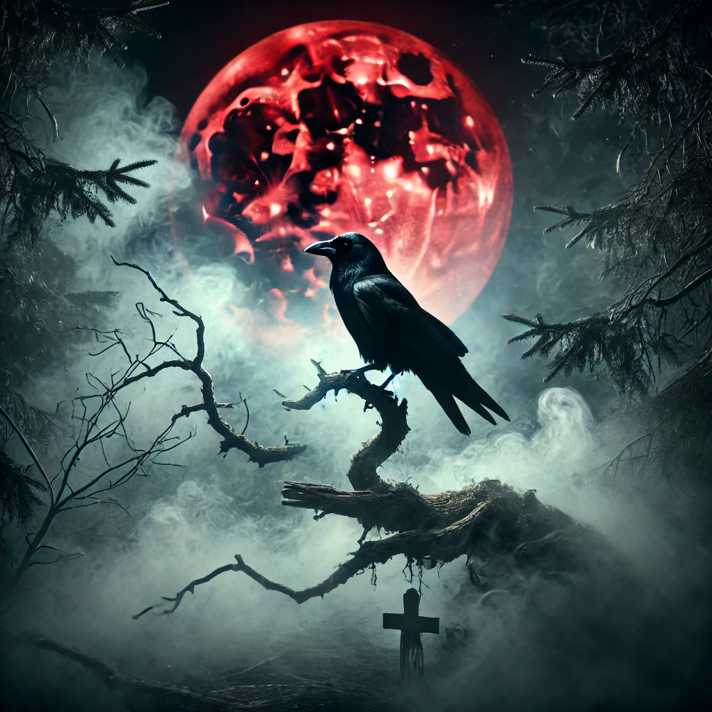 Halloween AI Image of a black crow perched on a branch, with thick mist and a blood-red moon in the background