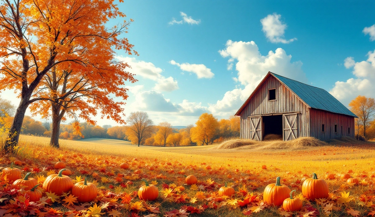 A beautiful fall landscape with colorful leaves, pumpkins, and a rustic barn in the distance, perfect for Thanksgiving