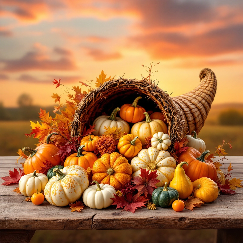 A cornucopia filled with pumpkins, squash, and autumn leaves, placed on a wooden table under a golden sunset.