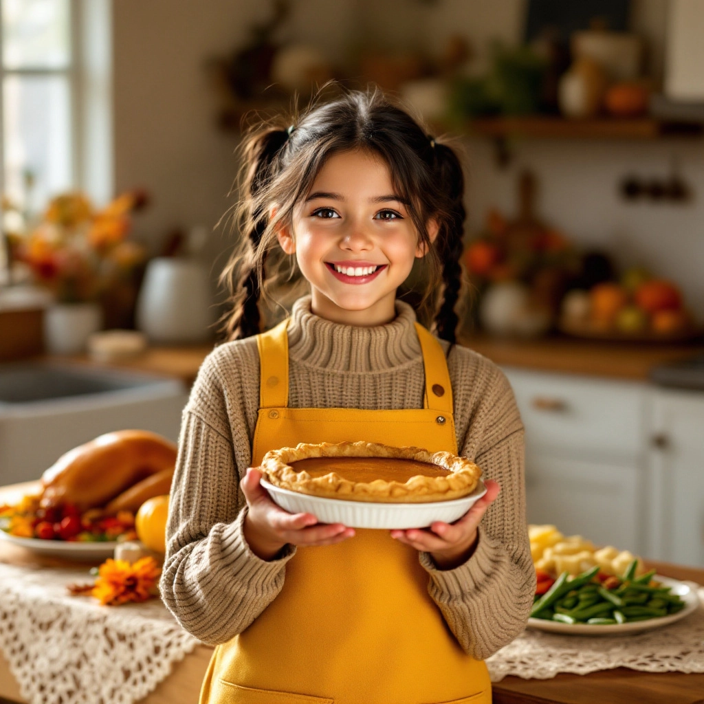A child holding a pumpkin pie with a smile, standing in a kitchen filled with Thanksgiving food and warm light.
