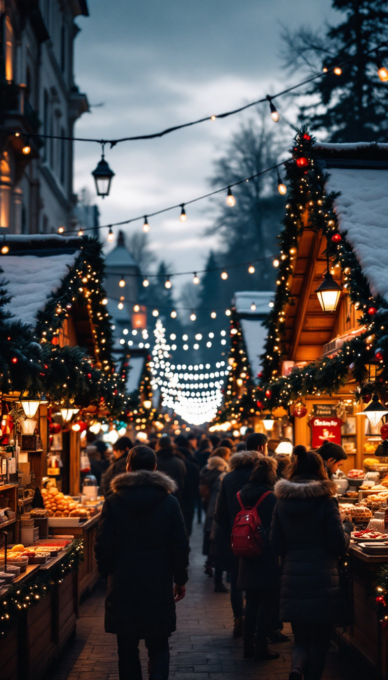 AI-generated image of a Christmas market at dusk, with stalls selling festive treats, lights hanging overhead, and people bundled up in winter coats.