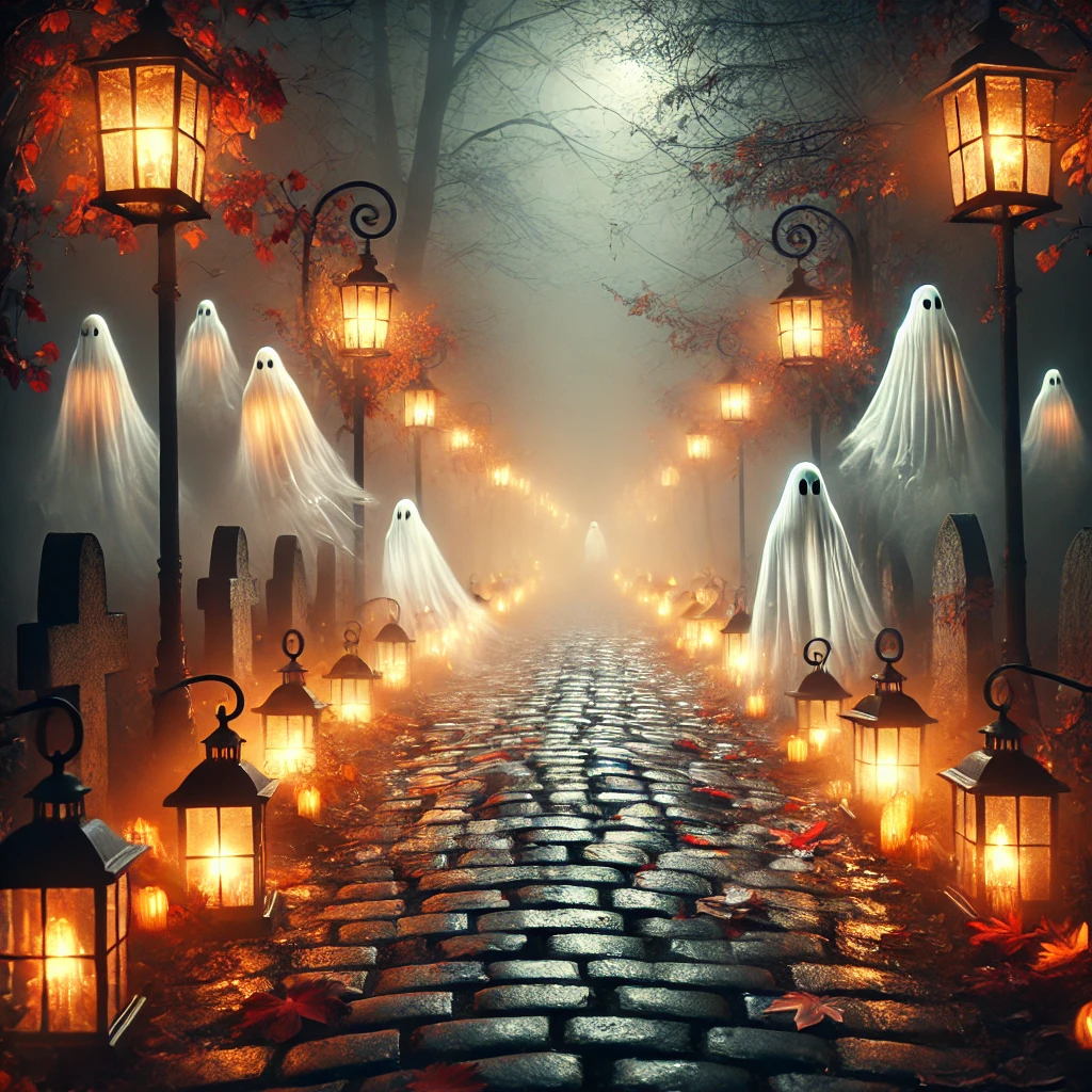 Halloween AI Image of a cobblestone path with lit lanterns and ghosts wandering through the mist, with scattered autumn leaves