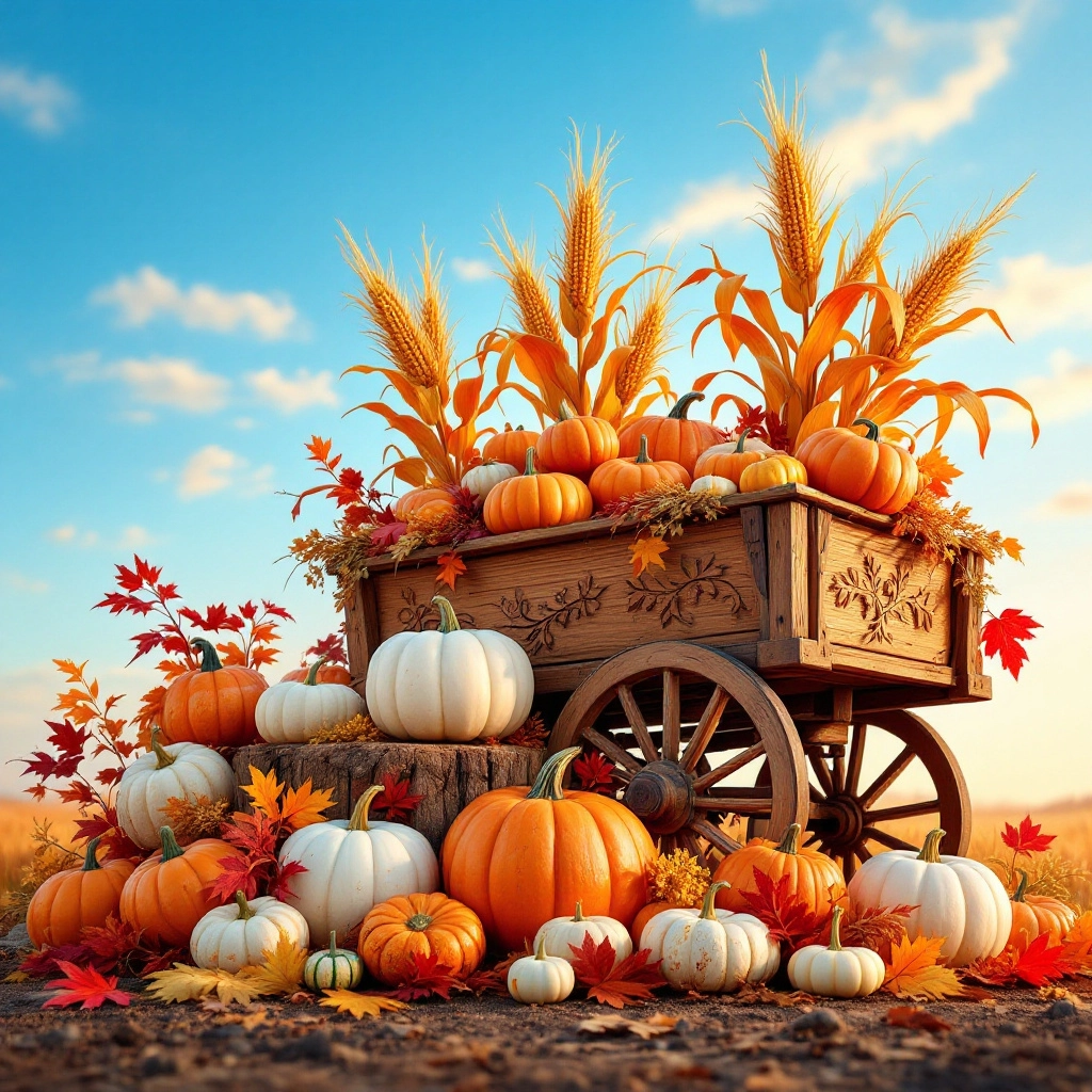 A bountiful harvest scene with pumpkins, corn, and gourds arranged in front of a rustic wooden cart, surrounded by vibrant autumn leaves and soft golden sunlight.