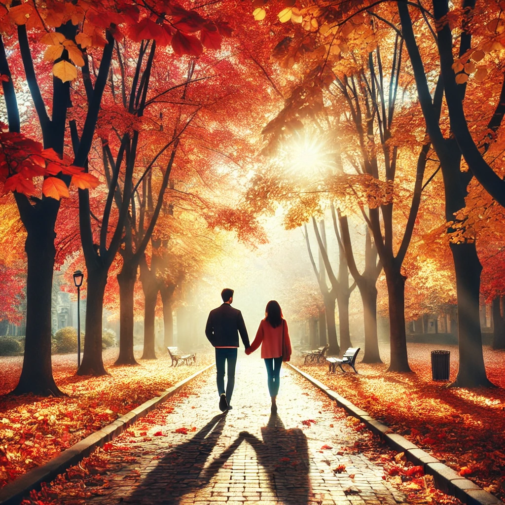 A couple walking hand-in-hand through a park filled with vibrant fall trees, with soft sunlight streaming through the branches.