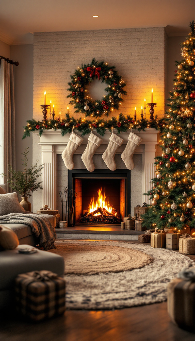 AI-generated image of a cozy living room with a roaring fireplace, a beautifully decorated Christmas tree, and stockings hanging on the mantel.