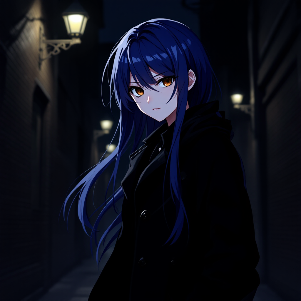 Dark anime character with dark brown eyes, long blue hair, and a black trench coat, standing in a shadowy alley at night, illuminated by a dim streetlight.