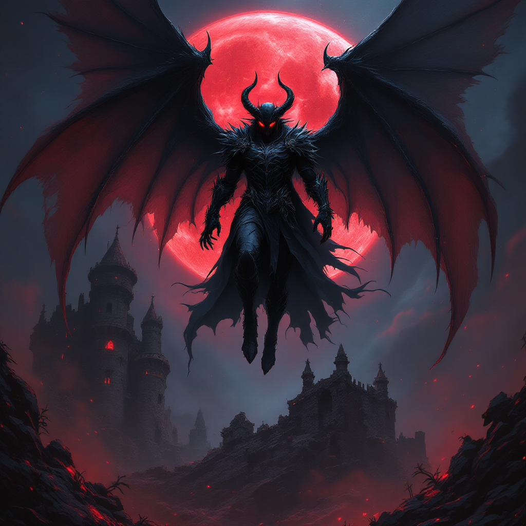 Dark anime character, a demon prince with black wings, dark armor, and glowing red eyes, hovering above a ruined castle under a blood moon.