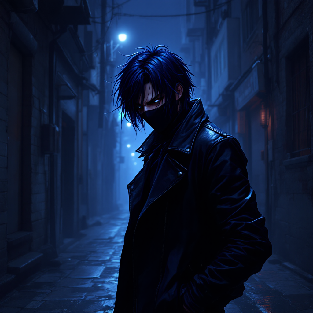 Dark anime character, a quiet assassin with black and blue hair, wearing a leather jacket and a mask, lurking in the shadows of an alley at midnight.