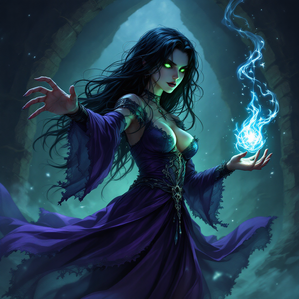 Dark anime character, a dark sorceress with raven-black hair, glowing green eyes, and flowing purple robes, casting spells in a dimly lit dungeon.