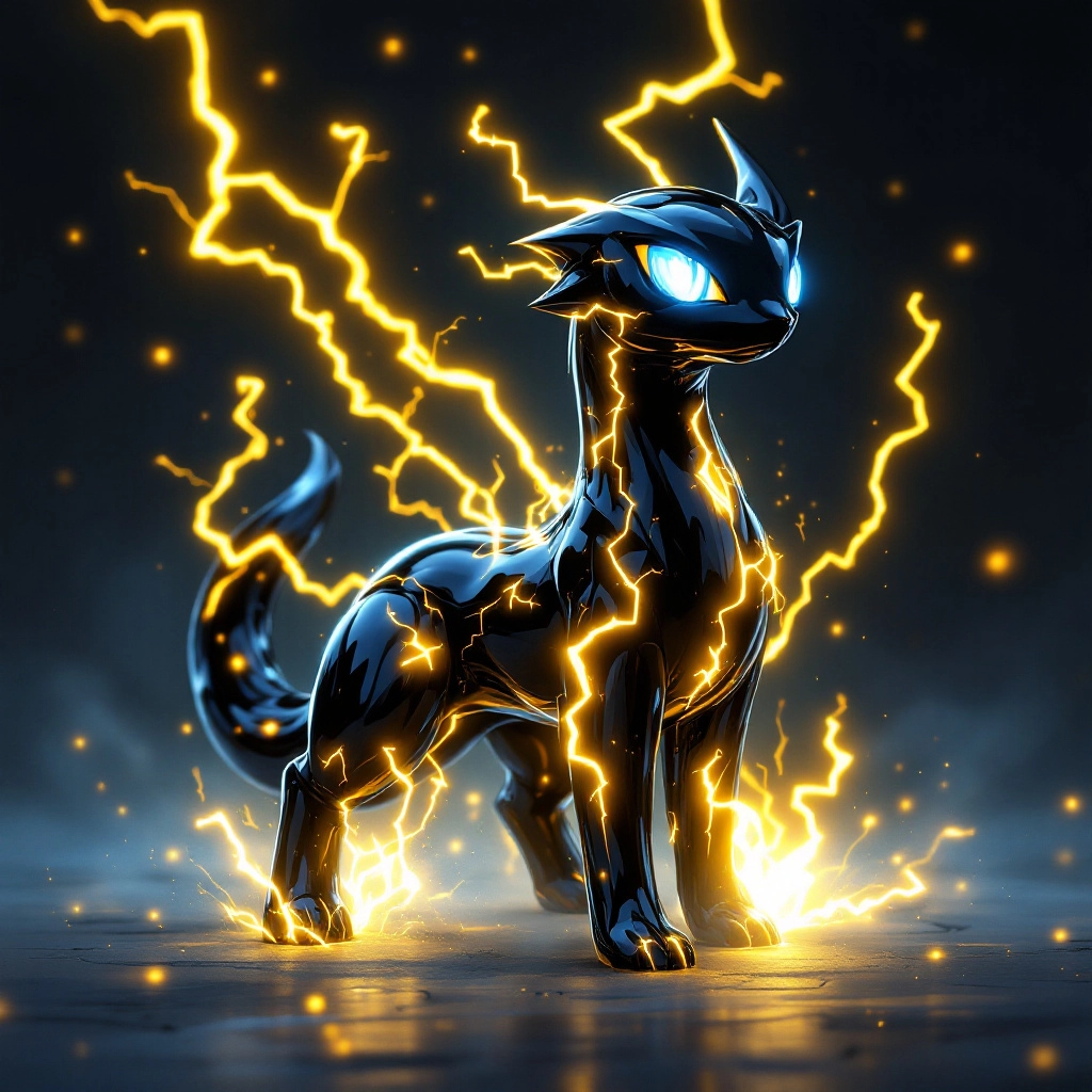 AI-generated image of an electric-type Fakemon with golden lightning bolts on its back, shiny black skin, and glowing eyes ready to attack.