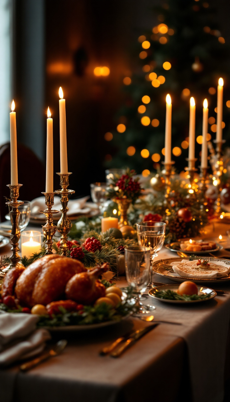 AI-generated image of an elegant Christmas dinner table set with candles, a festive centerpiece, and a golden roast turkey ready to be served.