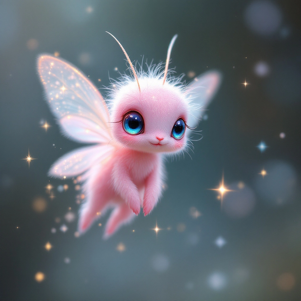 AI-generated image of a fairy-type Fakemon with pastel pink fur, fluttering wings, glowing sparkling antennae, and a glittering stardust trail.