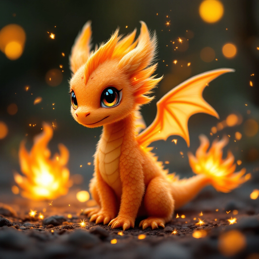 AI-generated image of a fire-type Fakemon resembling a baby dragon with orange scales, tiny wings, a flickering flame-tipped tail, and playful battle moves.