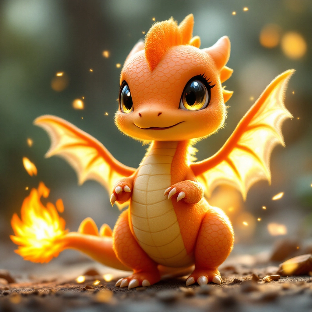 AI-generated image of a fire-type Fakemon resembling a small orange dragon with tiny wings, a flickering flame tail, and a playful, friendly expression.