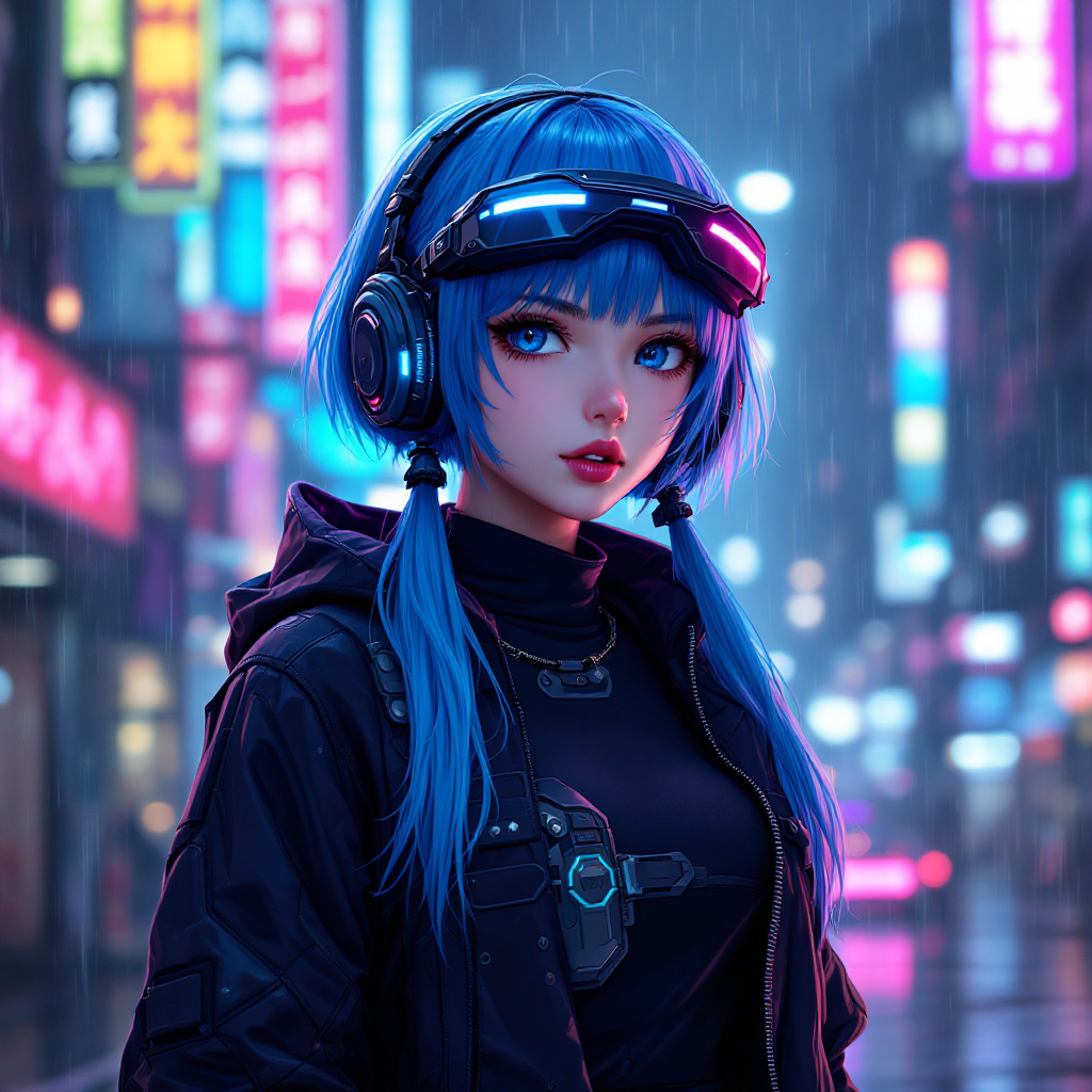 Dark anime character, futuristic cyberpunk figure with blue hair, and a high-tech visor, standing under neon lights in a rainy cityscape.
