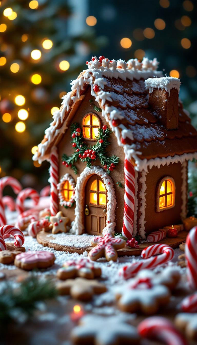 AI-generated image of a gingerbread house surrounded by Christmas cookies and candy canes, with a softly glowing Christmas tree in the background.