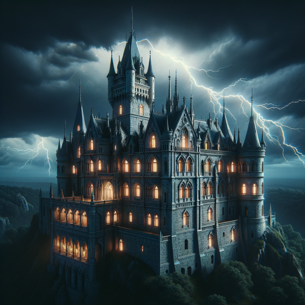 Halloween AI Image of a gothic castle on a hill, with glowing windows and lightning flashing in the dark sky