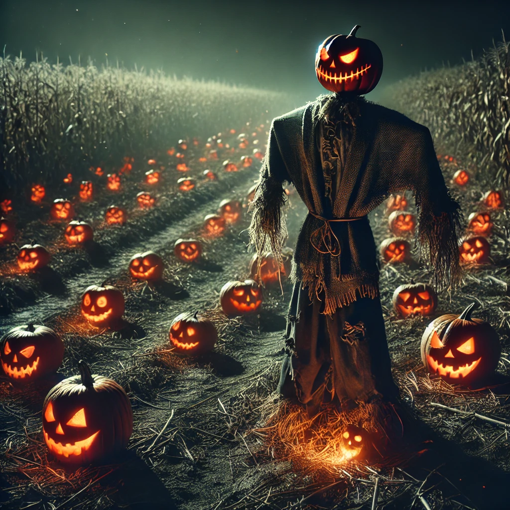 AI Image of a Halloween scarecrow in a lonely field, surrounded by glowing carved pumpkins