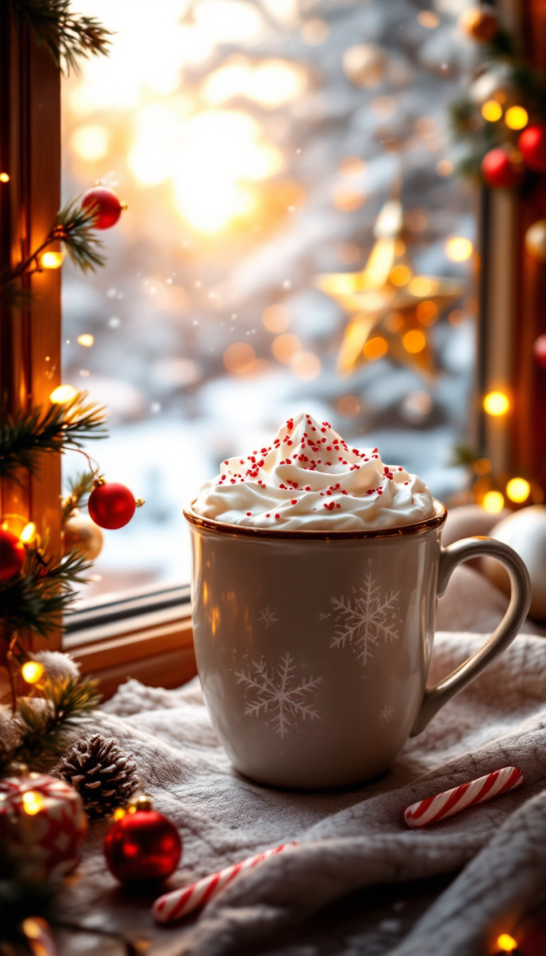 AI-generated image of a cup of hot cocoa with whipped cream and candy canes by a window overlooking a snowy landscape with Christmas decorations.