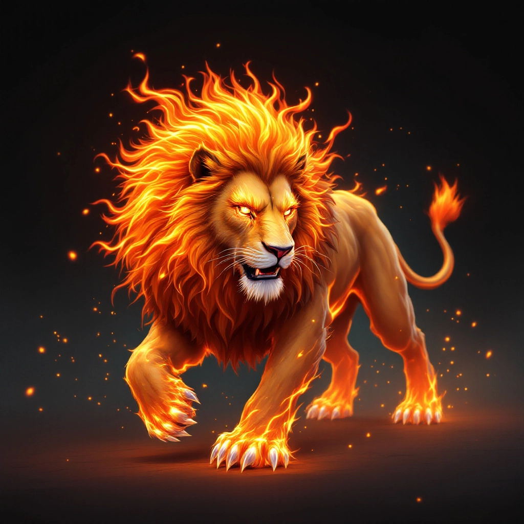 AI-generated image of a fire-type lion Fakemon with a flaming mane that changes color, glowing ember claws, and fiery eyes.