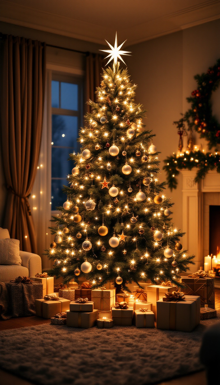 AI-generated image of a majestic Christmas tree glowing with lights and ornaments, topped with a bright star, surrounded by wrapped gifts in a cozy living room with festive decorations.