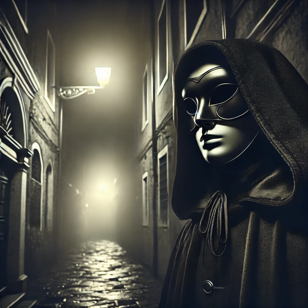 Halloween AI Image of a mysterious character in a dark cloak and mask, standing under a streetlight in a shadowy alley