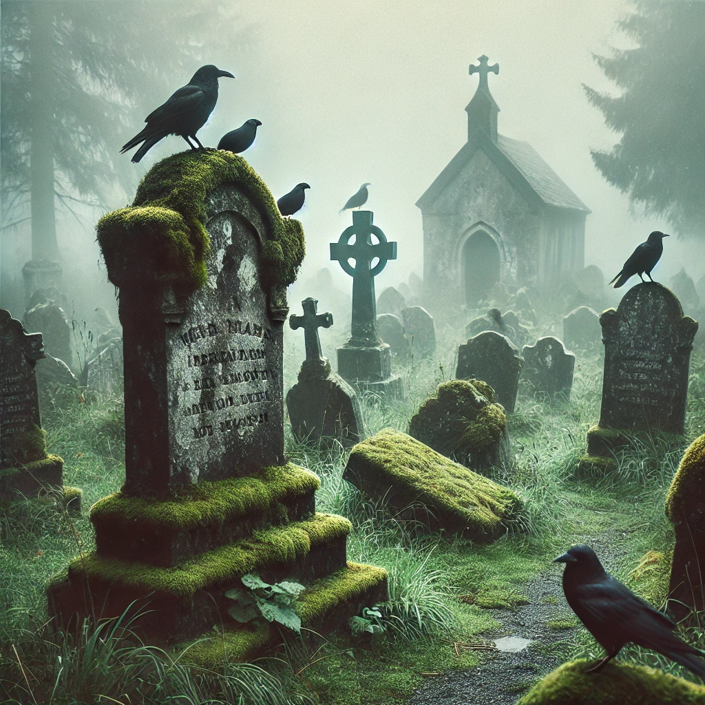 Halloween AI Image of an old graveyard with moss-covered tombstones, enveloped in thick fog and crows perched on the headstones