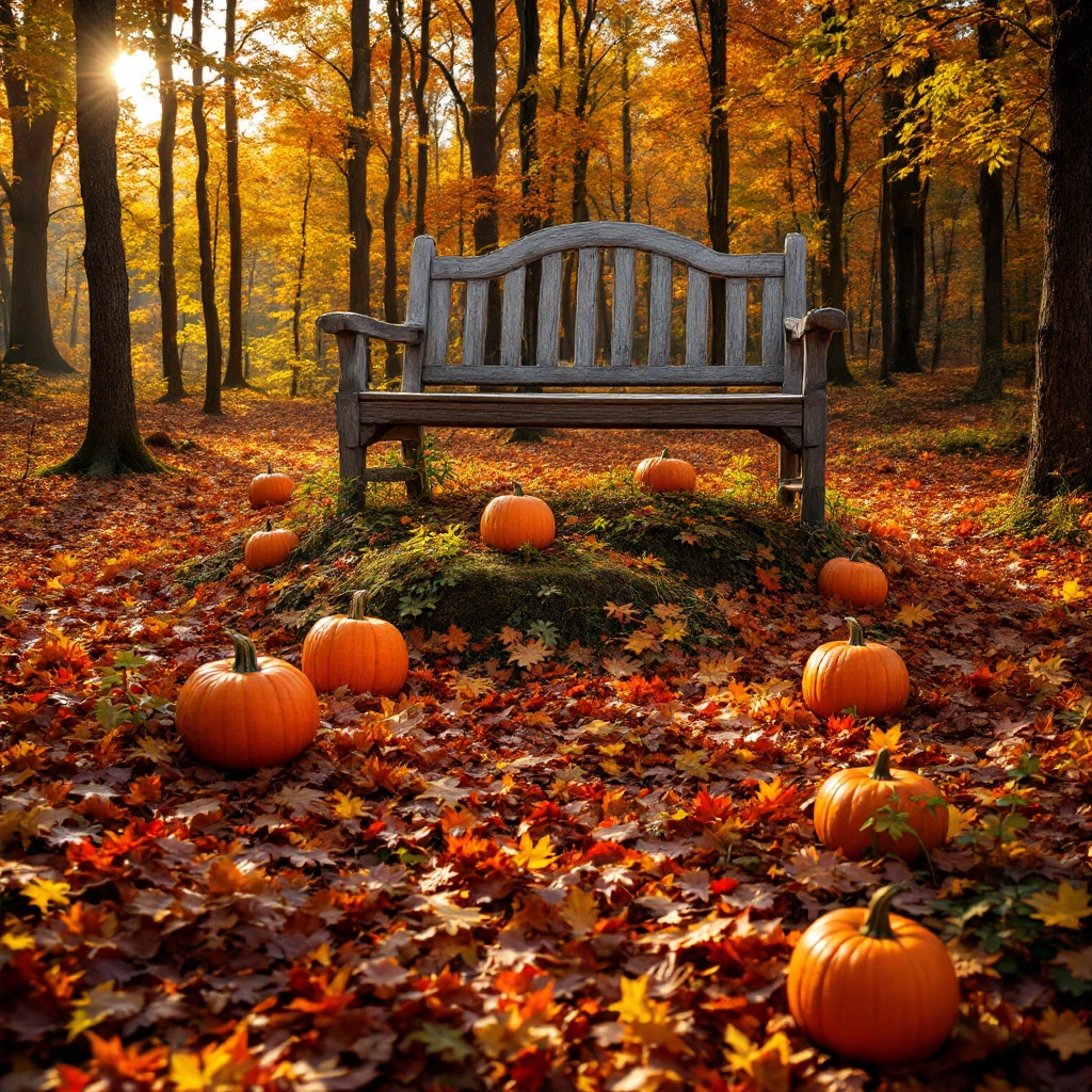 A forest clearing in autumn, with a blanket of fallen leaves, pumpkins placed around a rustic wooden bench, and the golden light of sunset filtering through the trees.