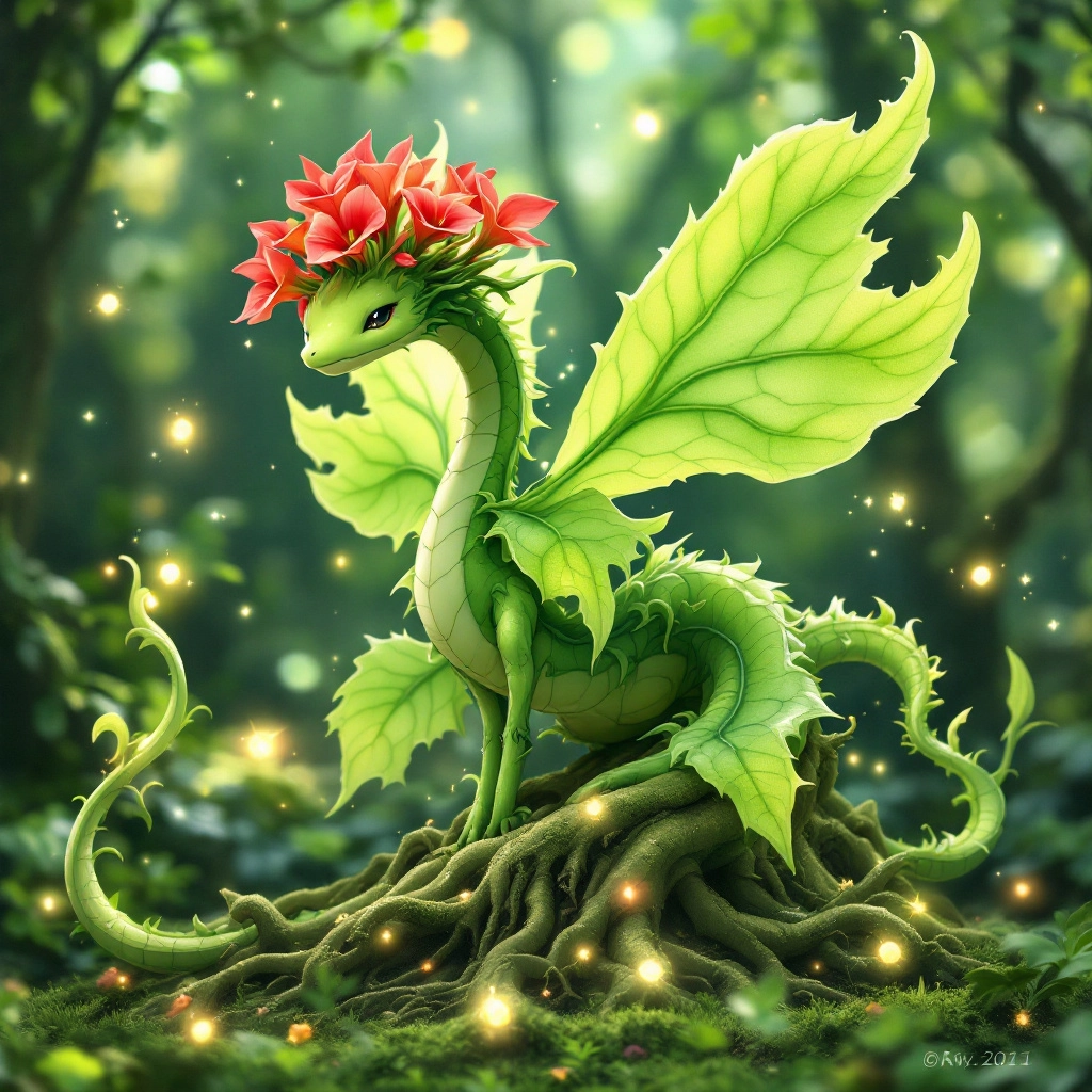 AI-generated image of a plant-type Fakemon with green leaf wings, ground-spreading roots, and red flowers emitting sleep-inducing spores.
