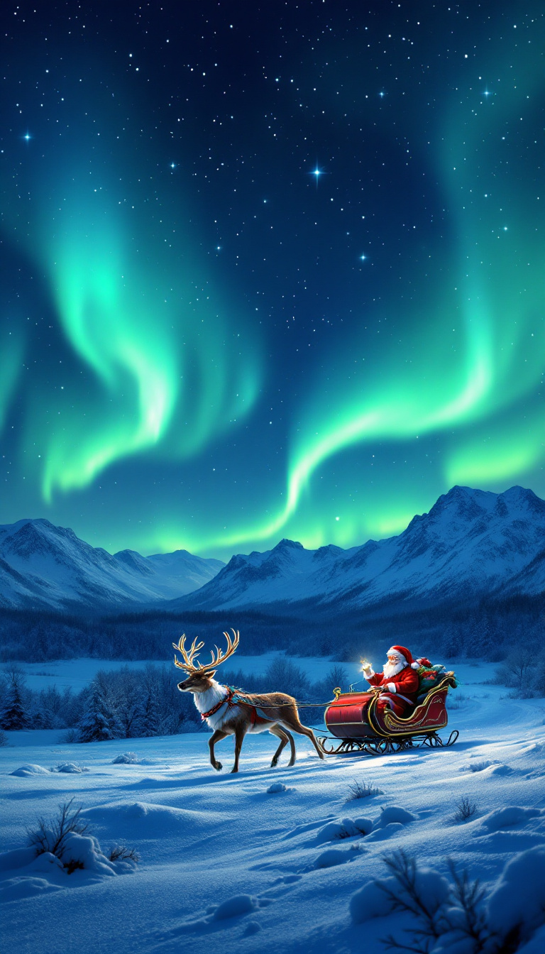 AI-generated image of a reindeer pulling Santa’s sleigh through a starry sky, illuminated by the Northern Lights in the background.