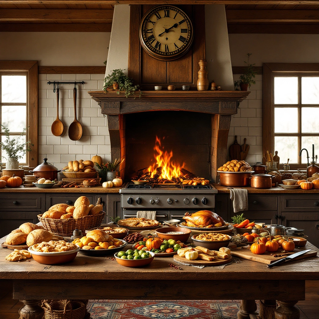 A rustic farmhouse kitchen filled with freshly baked bread, pies, and Thanksgiving meal preparations.