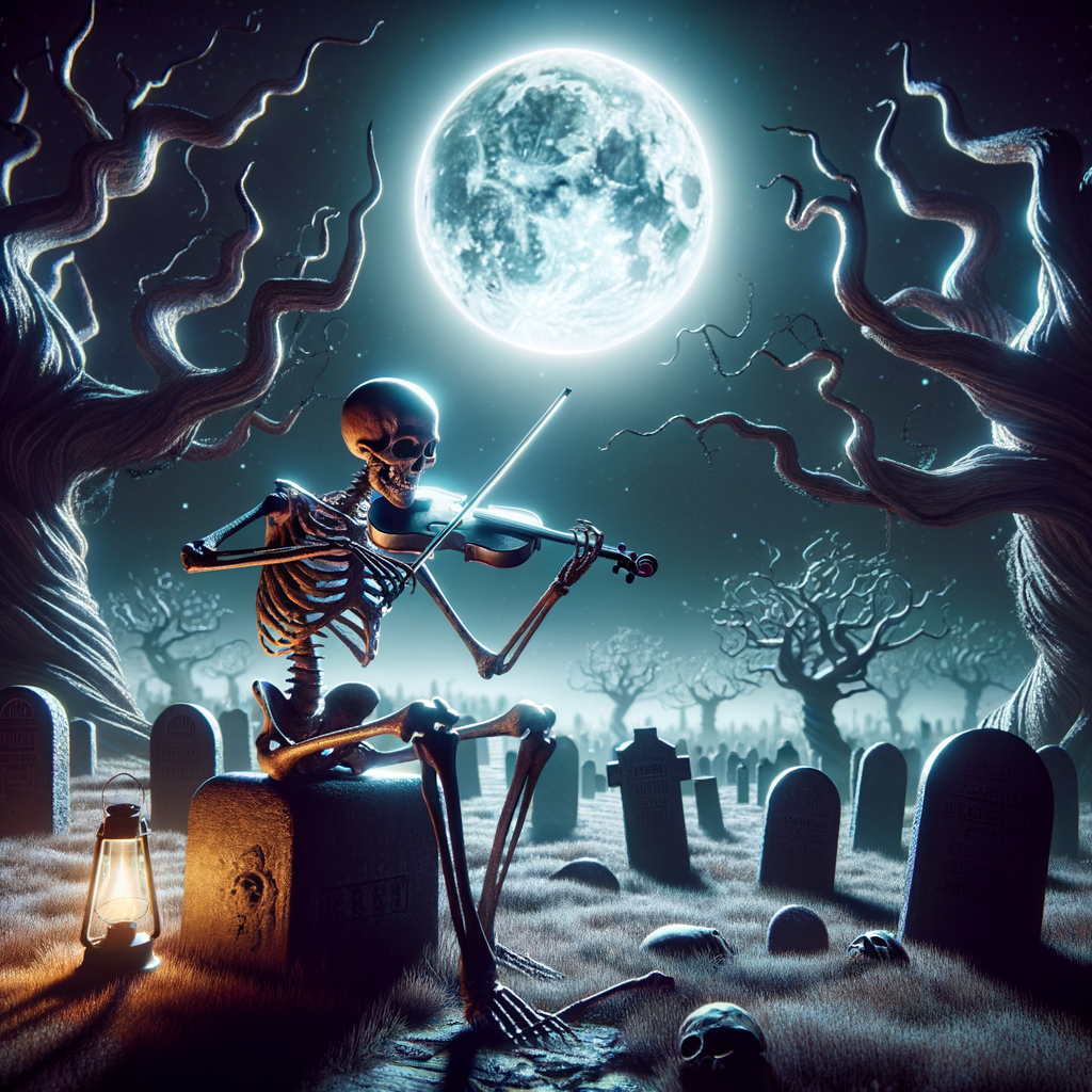 Halloween AI Image of a skeleton playing the violin under a full moon, surrounded by gravestones and twisted trees