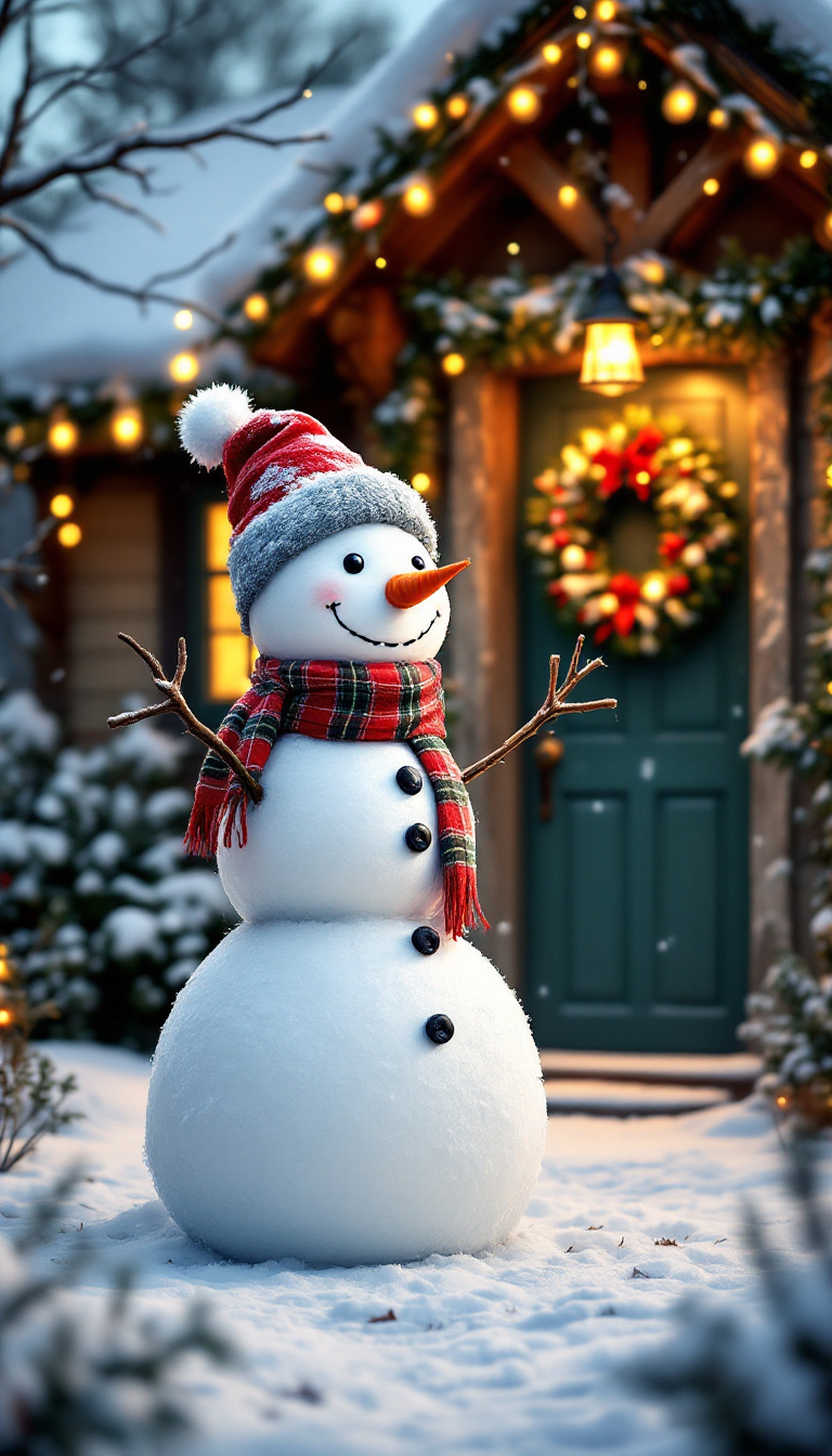 AI-generated image of a snowman wearing a Santa hat and scarf, standing in front of a warmly lit cottage with a Christmas wreath on the door.