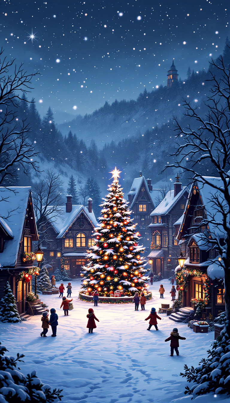 AI-generated image of a snowy village at night with twinkling Christmas lights, a decorated tree in the square, and children playing in the snow.