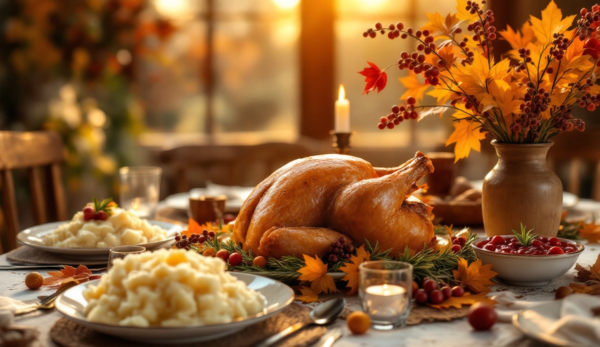A Thanksgiving dinner table with a golden roasted turkey, surrounded by mashed potatoes, cranberry sauce, and fall-themed decorations.