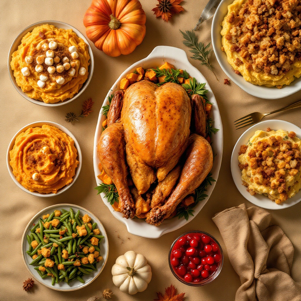 A top-down view of a Thanksgiving feast, showcasing a variety of traditional dishes, from turkey to sweet potatoes