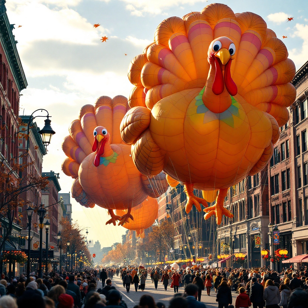 A hyper-realistic photograph shows a Thanksgiving parade with two turkey-shaped balloons in the air, marching down a city street decorated in autumn colors