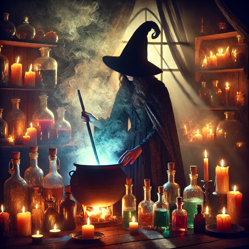 Halloween AI Image of a witch preparing a potion in a bubbling cauldron, surrounded by ancient bottles and candlelight