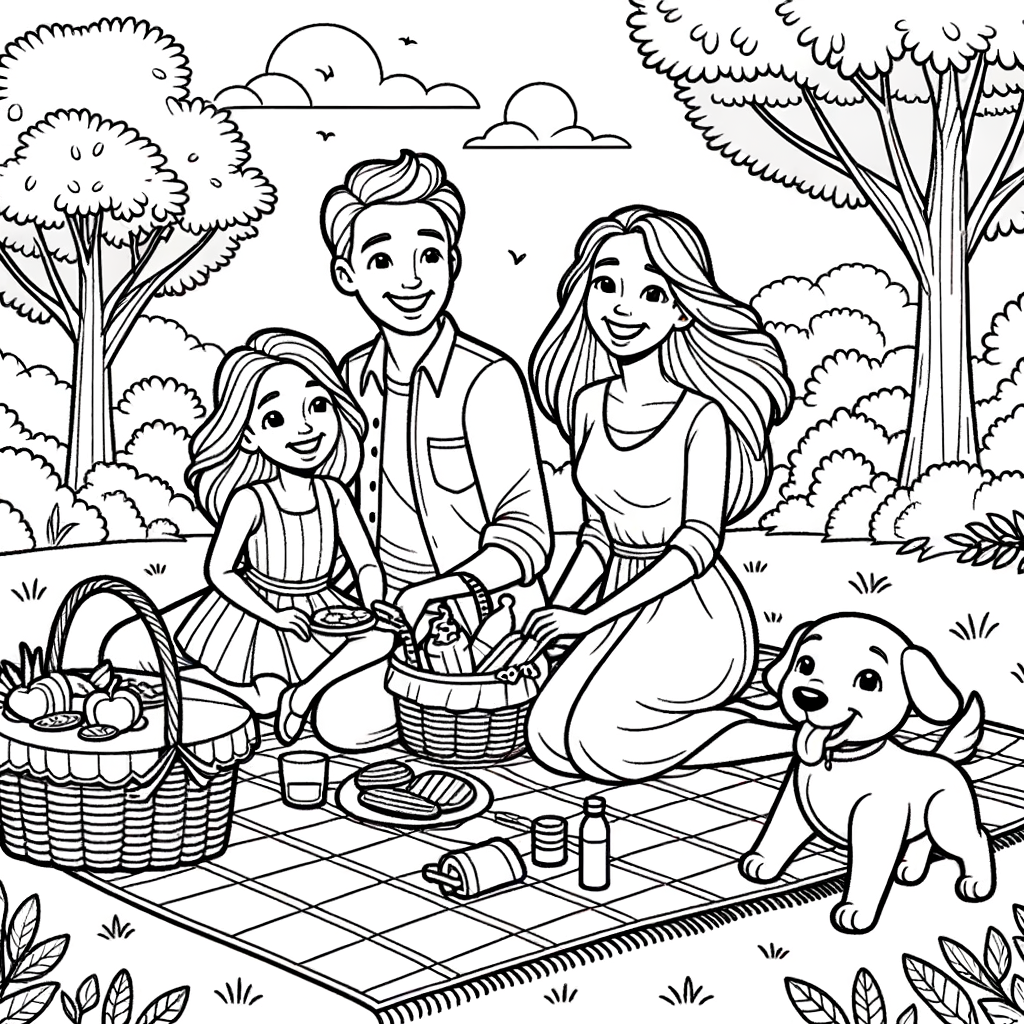 A family having a picnic in the park with a dog, trees, and a picnic blanket on the grass, a delightful coloring page for kids.
