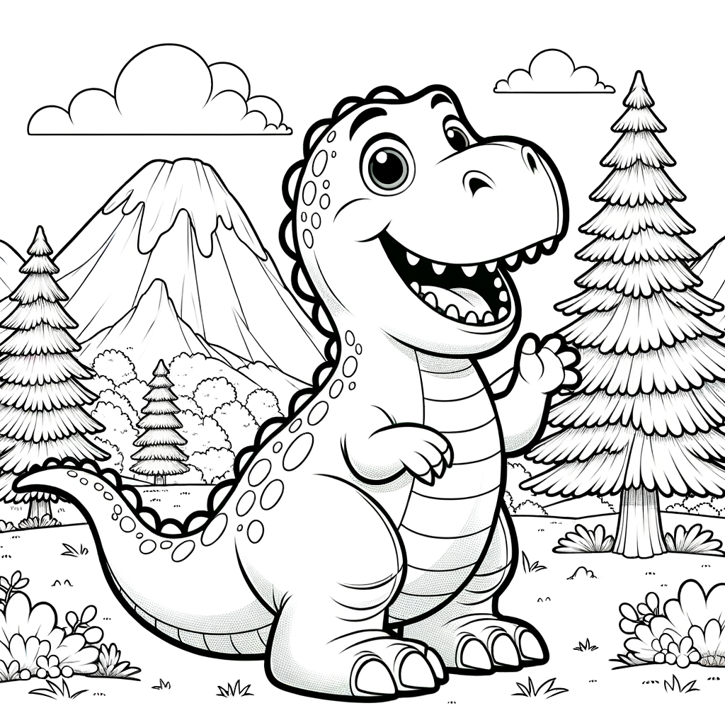 A friendly dinosaur smiling and waving in a nature scene with mountains and trees, perfect coloring page for kids.