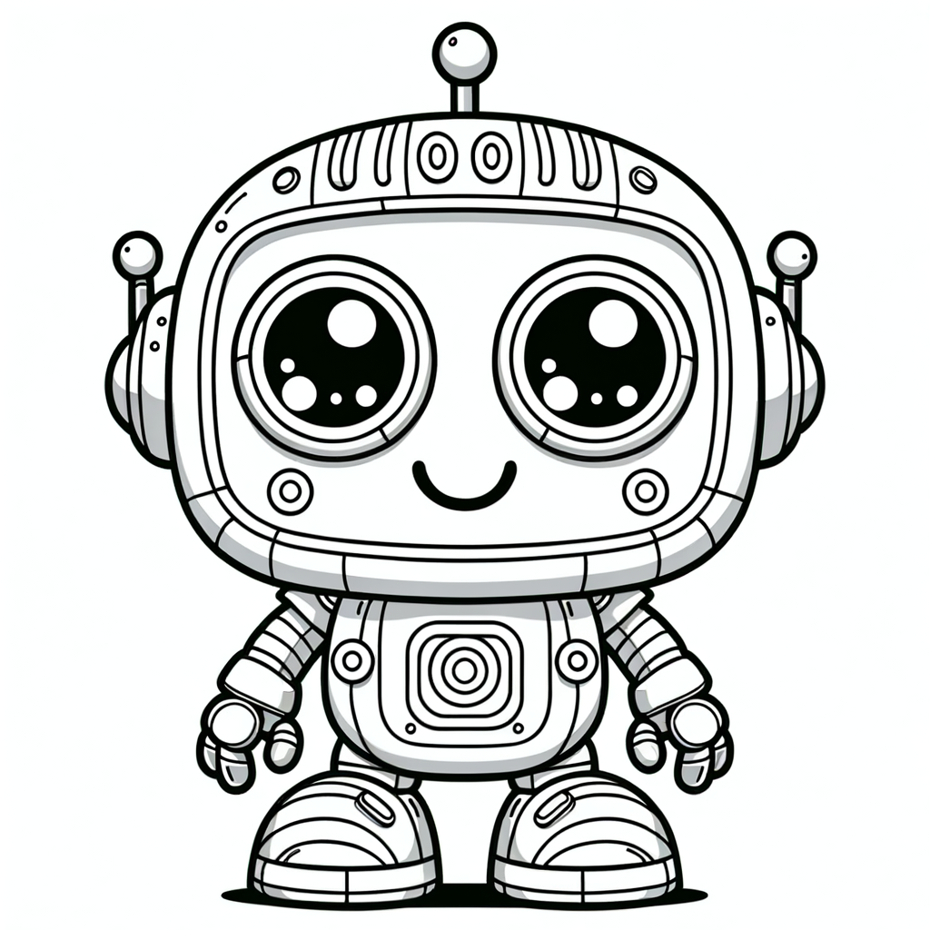 A full-length, big-eyed, smiling robot, a fun and friendly coloring page for kids.
