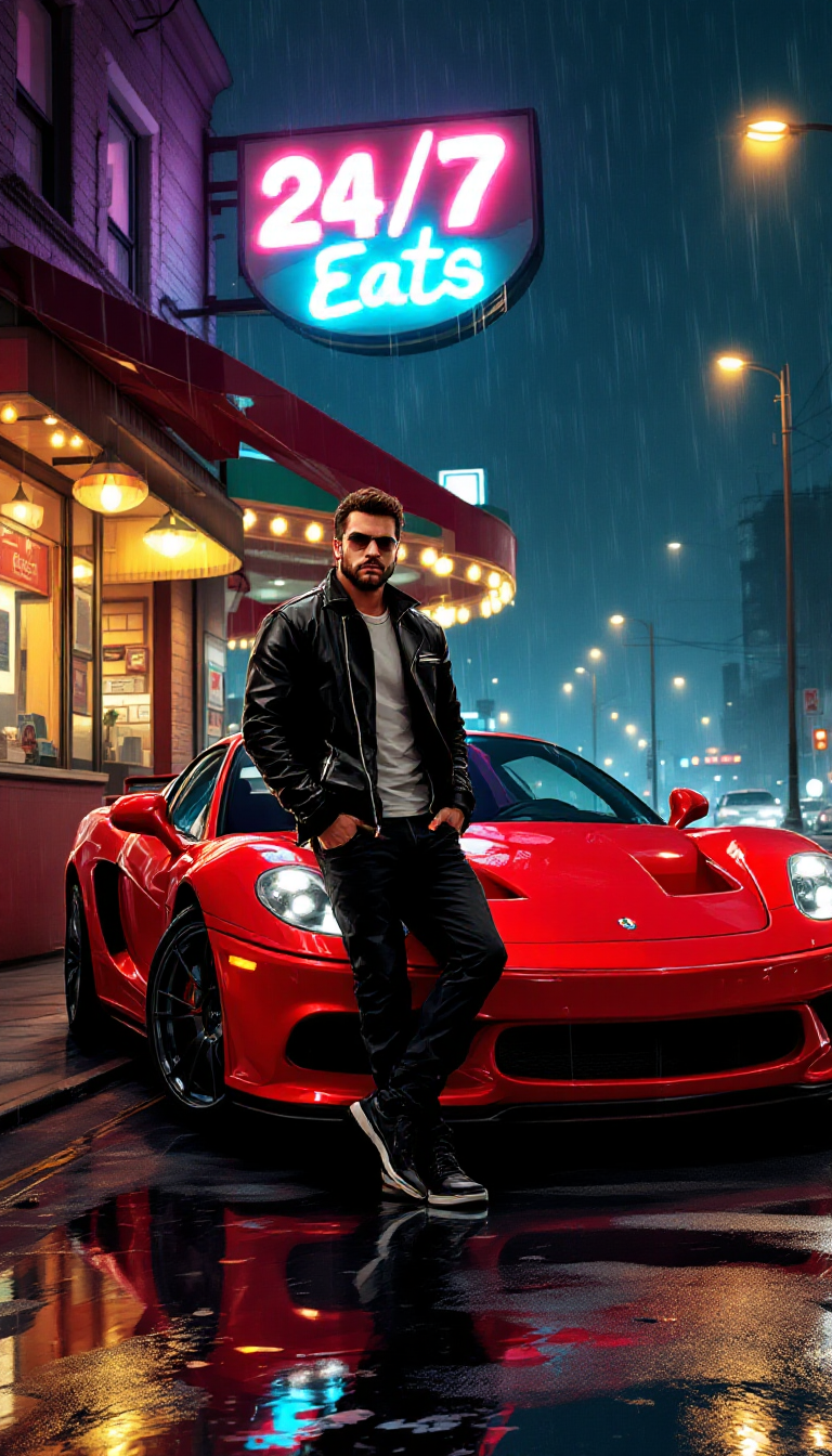AI-generated GTA-style image of a man in a black leather jacket leaning on a red sports car beneath a neon diner sign reading '24/7 Eats,' with rainy street reflections.