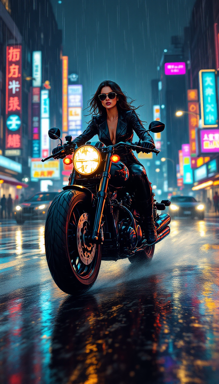 AI-generated GTA-style image of a woman in a black jumpsuit riding a motorcycle through neon-lit downtown traffic at night, with rain and colorful reflections on wet asphalt.