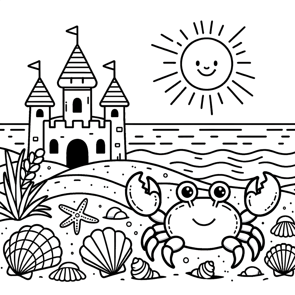 A peaceful beach scene featuring a sandcastle, seashells, a smiling crab, and a shining sun, a joyful coloring page for kids.