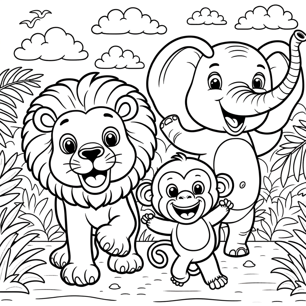 A playful lion, elephant, and monkey with big happy faces in a simple jungle scene, a fun coloring page for kids.