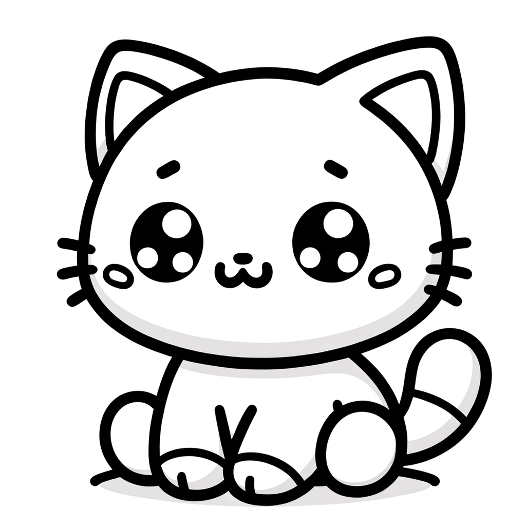 A simple Kawaii-style cat with big eyes and a cute expression, a fun coloring page for kids.