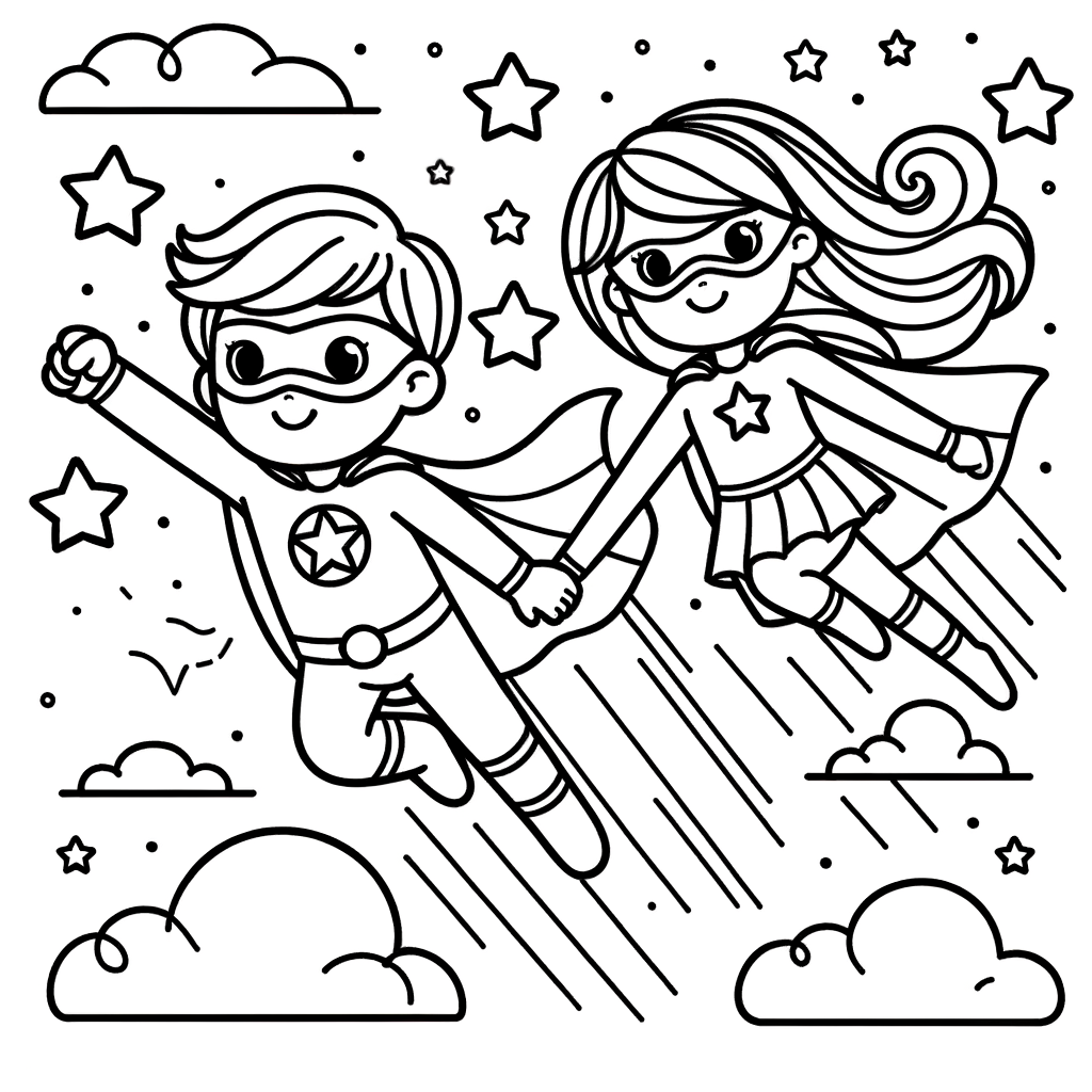A superhero boy and girl flying through the sky with capes, surrounded by stars and clouds, an exciting coloring page for kids.