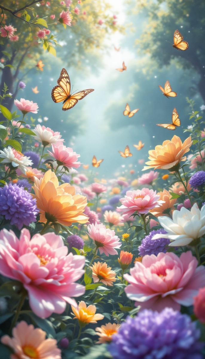 A dreamlike garden digital art scene featuring oversized flowers and fluttering butterflies in a whimsical setting.